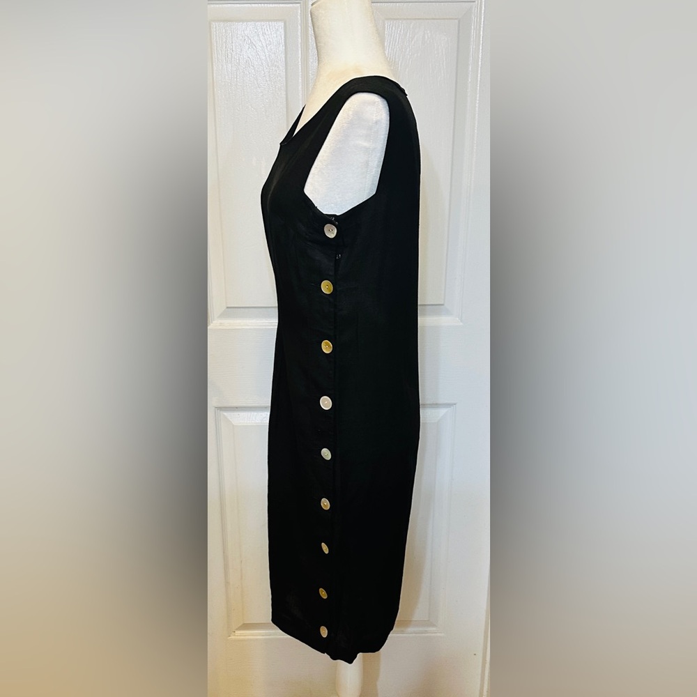 Carole Little Linen Dress Chic Black Side Buttons Sleeveless Knee Length Size 8